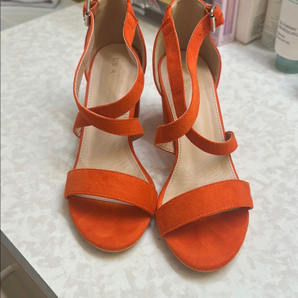 Allegra K Orange Strappy Heels- faux suede